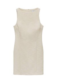Robe courte sans manches en crème clair, en tissu texturé, à coupe ajustée et droite. Comprend une fermeture éclair dans le dos.