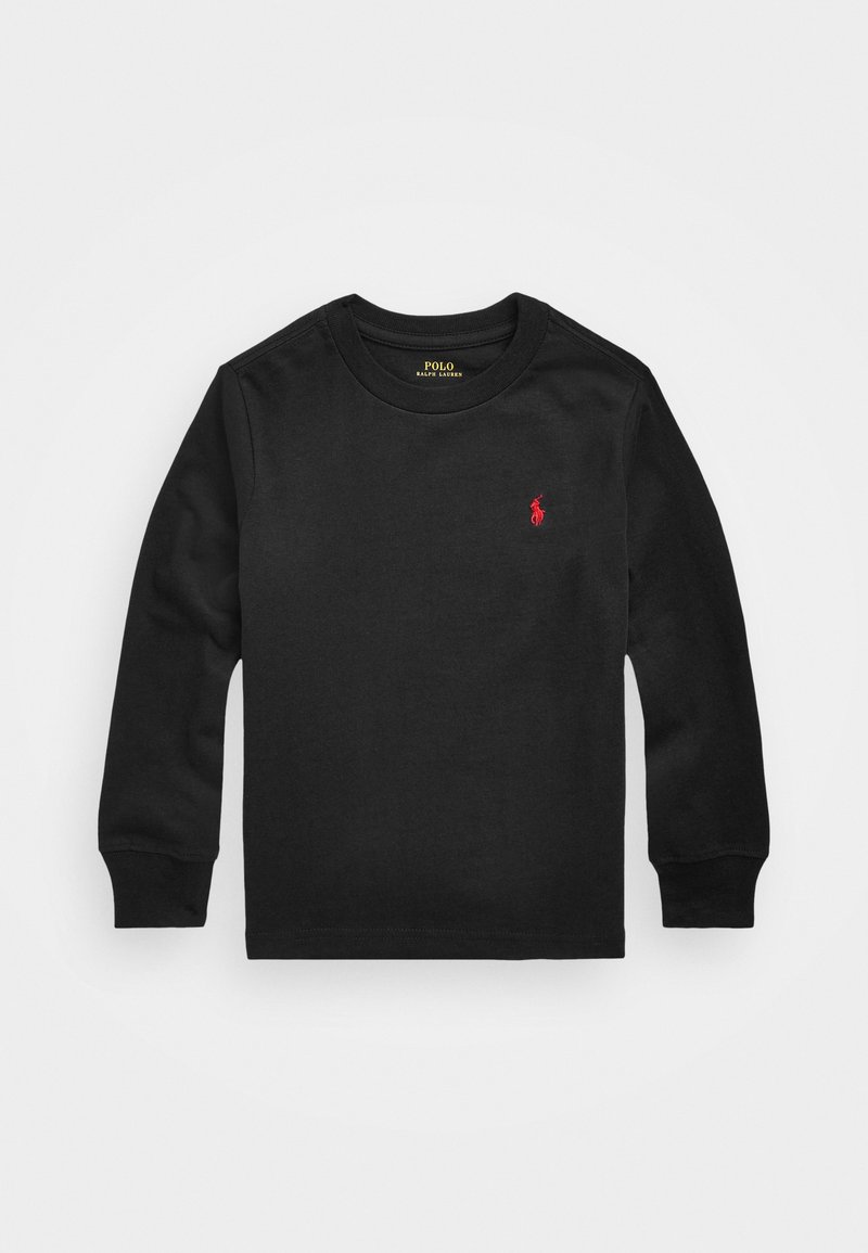 Schwarzes Langarm-T-Shirt aus Baumwolle. Mit Rundhalsausschnitt und gerippten Bündchen. Kleines rotes Logo auf der linken Brust. Glatte Textur.