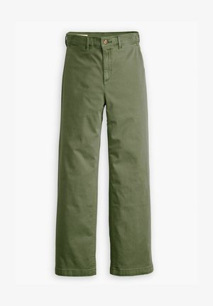 Green cotton trousers with a straight-leg design, featuring a front button closure, belt loops, and stitched details.