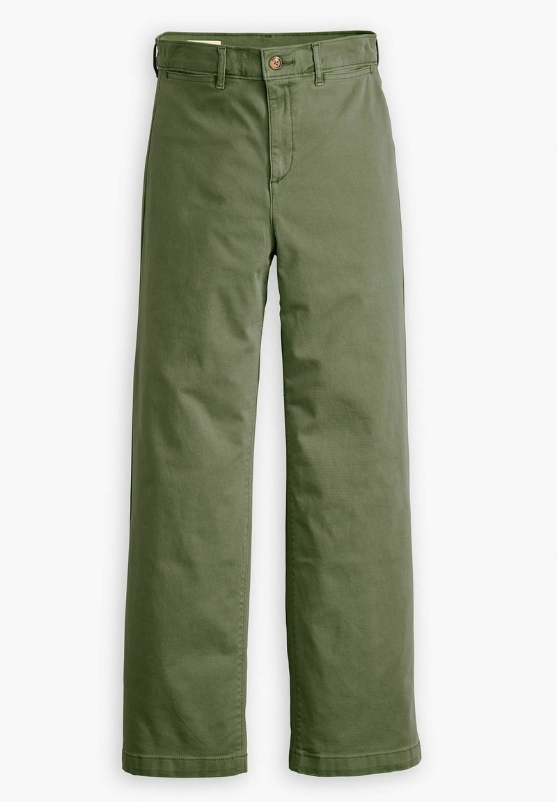 Grüne Baumwollhose mit geradem Bein, mit einem Frontknopfverschluss, Gürtelschlaufen und genähten Details.