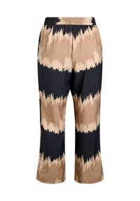 Wijdvallende broek in een zwart, bruin en beige tie-dye patroon; gemaakt van een gestructureerde stof met een elastische tailleband voor comfort.