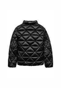 Schwarze gesteppte Daunenjacke mit Rautenmuster, langen Ärmeln und Stehkragen, von hinten gezeigt.