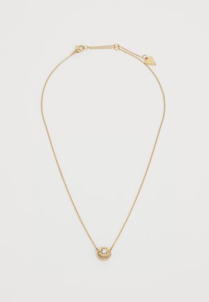 Gouden ketting met een hanger met een cirkelontwerp, versierd met kleine kristallen en verhoogde accenten. Verstelbare kettinglengte.