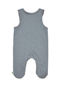 Hellgrauer ärmelloser Jumpsuit aus weichem Stoff, mit einem gesprenkelten Muster in dunkleren Farbtönen, runder Ausschnitt und Beinöffnungen.