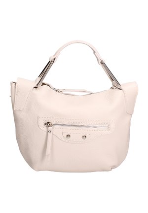 Piccola borsa a mano in pelle bianca con tasca frontale con cerniera argento e manico corto con dettagli in metallo.