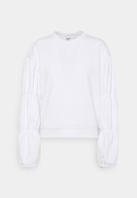 Sweatshirt branco de mangas longas com mangas franzidas e bufantes, punhos elásticos, decote redondo e corte relaxado.