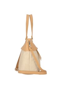 Borsa hobo in tela beige con dettagli in pelle marrone chiaro, caratterizzata da una forma strutturata, tracolla regolabile e una parte superiore cinchata con accessori in metallo.