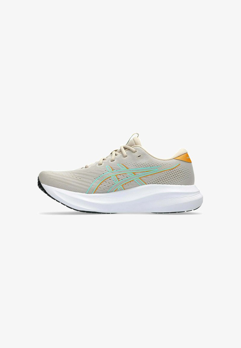 Light beige running shoe with teal and orange stripes, white thick sole, and black tread on a white background.