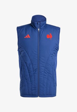 Chaleco sin mangas azul con cuello alto, textura acolchada, cremallera frontal y detalles en rojo, incluyendo un emblema y un logotipo en el pecho.