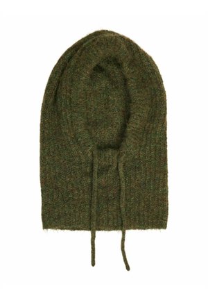 Donkergroene gebreide bivakmuts met trekkoorden, gemaakt van een wollige wolmixstof, ontworpen om het hoofd en de nek te bedekken.