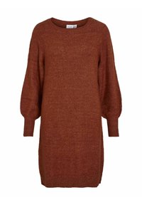 Robe en maille couleur rouille avec col rond, épaules tombantes et manches ballon. La texture est douce, avec des accents côtelés aux poignets et à l'ourlet.