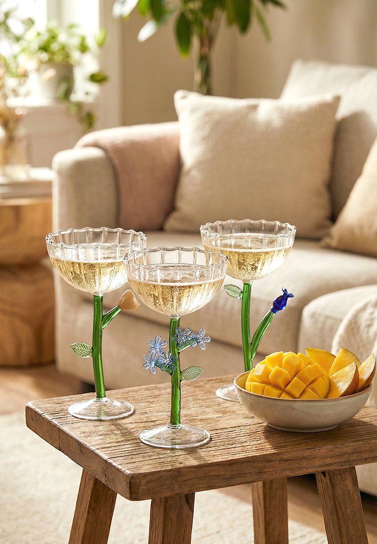 Trzy kieliszki z kwiatowymi nóżkami z jasnym napojem na drewnianym stole obok miski z pokrojonym mango w przytulnym salonie.