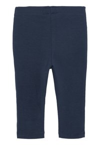 Navy blue leggings made of soft cotton blend, featuring an elastic waistband and fitted design with no embellishments or pockets.