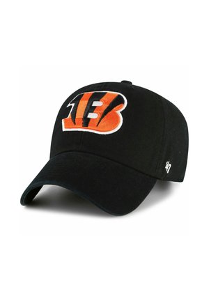 Black baseball cap with an embroidered orange and white "B" and stripes. Features a curved brim and fabric strap for adjustability.