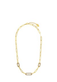 Collar de metal en tono dorado que presenta enlaces ovalados largos y algunos enlaces rectangulares con un acabado metálico suave. Incluye un cierre de cadena ajustable.
