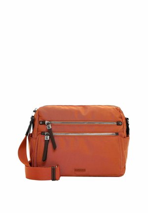 Orange nylon messenger bag with two zippered front pockets, adjustable strap, and contrasting dark brown accents. Smooth texture.