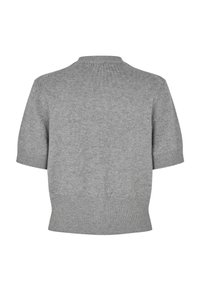 Svijetlosivi pleteni džemper s kratkim rukavima, rebrastim rubom i zaobljenim izrezom oko vrata. Glatka tekstura i blago labav kroj.