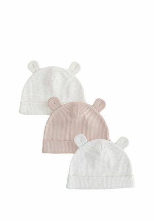 Three ribbed baby hats in white and light pink. Each hat features two ear-like designs on top and a rolled brim at the bottom.