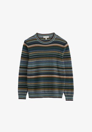 Sweater met lange mouwen en ronde hals, met horizontale strepen in groen, blauw, bruin en grijstinten, voorzien van geribbelde boorden en zoom.