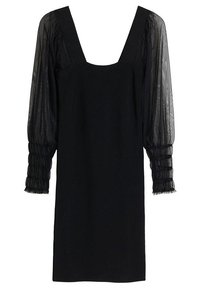 Schwarzes Kleid mit quadratischem Ausschnitt, tailliertem Oberteil und durchsichtigen, puffärmeligen Ärmeln mit gerafften Manschetten. Glattes, elastisches Material mit transparenter Textur.