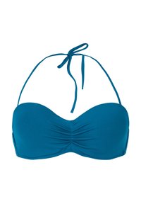 Mėlynas bikini viršus su lygiu paviršiumi, formuotais puodeliais ir centriniu raukšlėjimu. Turi rišamus kaklo dirželius, leidžiančius reguliuoti dydį, ir nėra pakloti.
