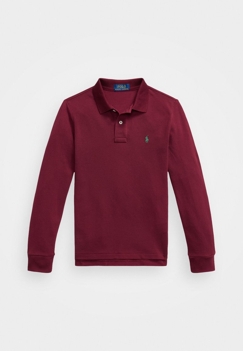 Langermet polo skjorte i bordeaux, laget av teksturert bomull, med krage med to knapper og en grønn brodert logo på venstre bryst.