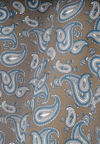 Brązowa tkanina z wzorem paisley w jasnoniebieskim i białym kolorze, z misternymi detalami i gładką fakturą.