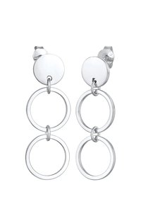 Orecchini pendenti color argento presentano un top a perla circolare e tre anelli intrecciati. La finitura è lucida, offrendo un aspetto riflettente.