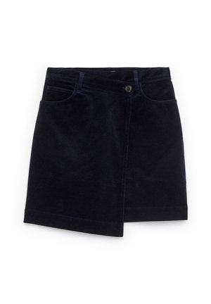 Navy Corduroy-Rock mit Wickeldesign, Knopfverschluss, zwei vorderen Taschen, geradem Saum und einer weichen, strukturierten Oberfläche.