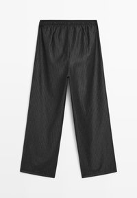 Schwarze Nadelstreifen-Hosen mit weitem Bein und elastischem Bund, aus einem glatten Stoff mit taillierter Passform.
