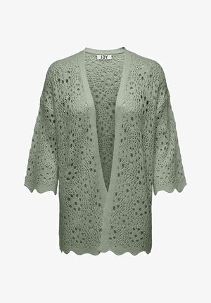 Světlounce zelený kardigan s otevřeným pletením, V-výstřihem, krátkými rukávy a vlnitými okraji. Texturovaný vzor s velkými otvory po celé ploše.