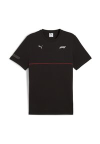 Sort kortærmet t-shirt med en rød vandret stribe, Puma-logo på venstre bryst og Formel 1-logo nedenfor.
