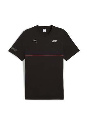 Sort kortærmet t-shirt med en rød vandret stribe, Puma-logo på venstre bryst og Formel 1-logo nedenfor.
