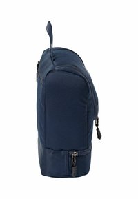 Sac de voyage bleu marine de forme rectangulaire, en tissu texturé lisse, avec une poignée supérieure et un compartiment zippé en bas.