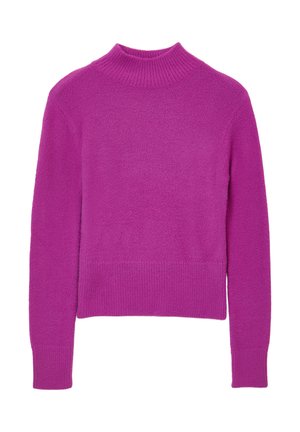 Maglione a maglia fucsia con collo alto, maniche lunghe, polsini e orlo a coste. Texture morbida, design cropped per una silhouette aderente.