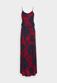 Robe maxi rouge et marine avec un motif floral ; bretelles spaghetti, taille élastique et texture de tissu douce. Silhouette longue et fluide.