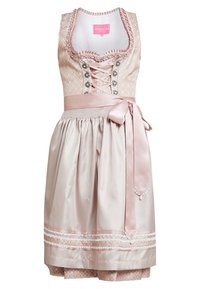 Rosa traditionelles Kleid mit geschnürtem Mieder, dekorativen Knöpfen, einem Taillengurt aus Satinband und einem mehrlagigen, gemusterten Stoffrock.