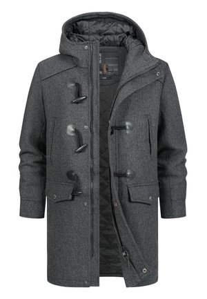 Šedý kapucňový kabát z texturované látky, s prošívanou černou podšívkou, zapínáním na knoflíky a předními kapsami s klopami.