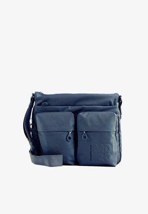 Sac bandoulière bleu avec deux poches avant zippées et une bandoulière réglable, en tissu texturé.