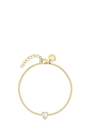 Delicate gold chain bracelet with a small heart-shaped charm in the center and an adjustable clasp with a round tag.