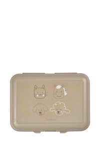 Beige rechteckige Box mit Cartoon-Gesichtern von einer Katze, einem Pferd, einem Hund und einem Schaf, die quadratisch auf dem Deckel angeordnet sind.