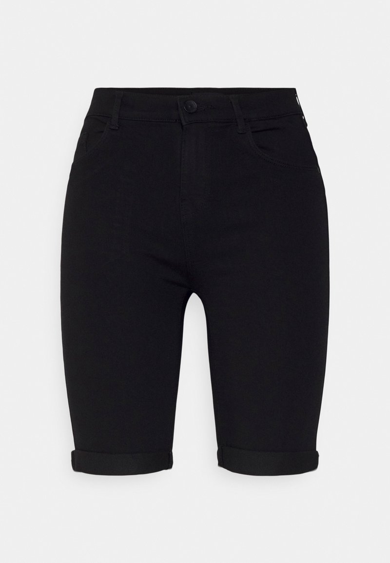 Svarta knä-långa shorts med upplagda fållar, framknapp och dragkedjestängning, samt framfickor, uppvisade mot en enkel vit bakgrund.