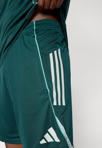 Vihreät urheilushortsit, valmistettu kevyestä kankaasta, jossa sileä pinta; varustettu valkoisilla yksityiskohdilla, kuten kolmella raidalla ja logolla.