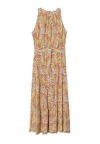 Robe midi sans manches avec un motif cachemire dans des tons jaunes, orange et lavande, ceinturée à la taille.