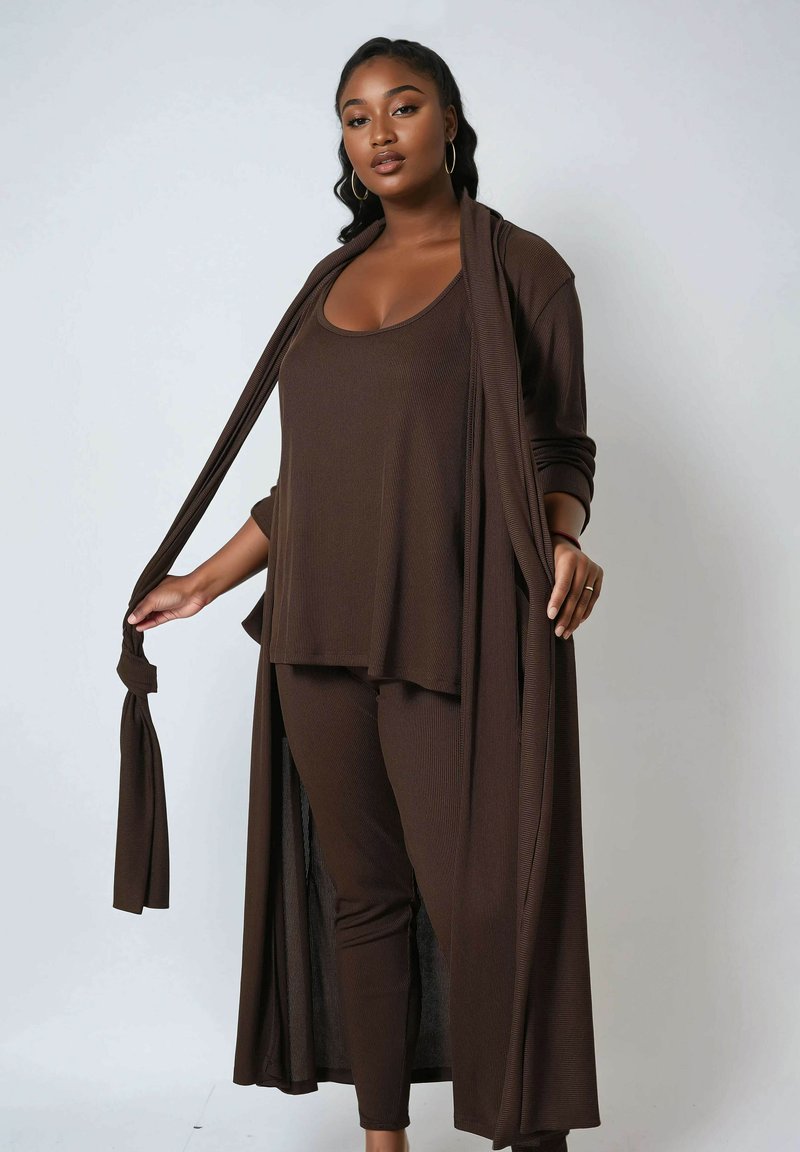 Brown ribbed three-piece outfit featuring a long cardigan, tank top, and fitted pants, showcasing a smooth texture and flowing design.