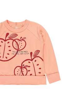 Felpa color pesca con collo rotondo, caratterizzata da una grafica di una mela rossa e testo. Materiale morbido, polsini e orlo a coste.