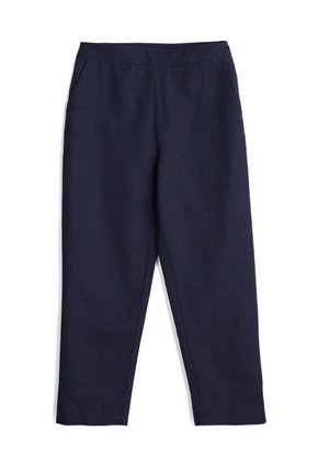 Navy blue flat-front trousers made of lightweight fabric, featuring side pockets and a straight-leg design with a smooth texture.