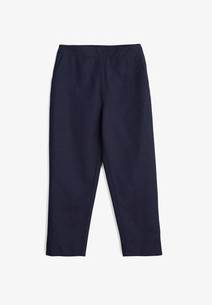 Mørkeblå bukser med flad front lavet af let stof, med sidelommer og lige ben samt en glat tekstur.