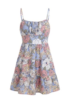 Robe d'été sans manches à volants avec bretelles fines réglables, avec un motif floral rose, blanc, jaune et vert sur fond bleu clair.