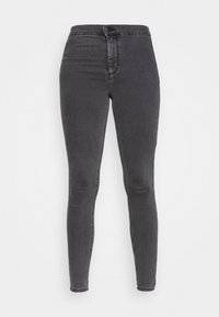 Černé skinny džíny vyrobené z džínoviny s hladkou texturou. Mají zapínání na knoflík a poutka na opasek, s klasickým designem pěti kapes.